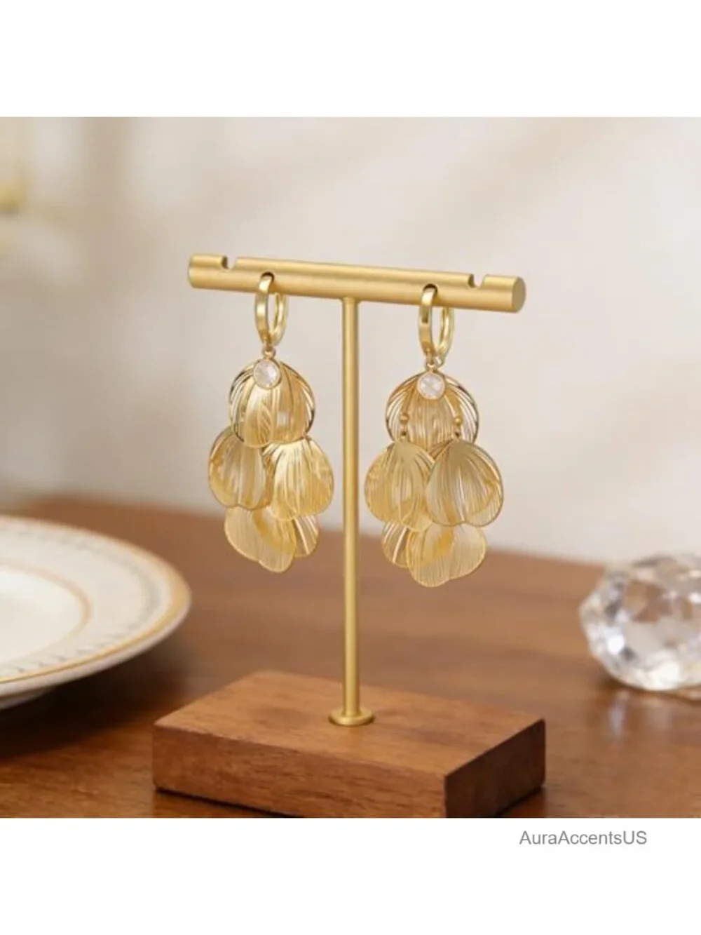 Boho Gold Flower Chandelier Dangle Earrings, Hypoallergenic Zinc Alloy,